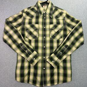 True Religion Men’s Medium Pearl Snap Western Plaid Shirt Green Yellow